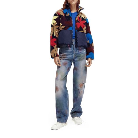 SCOTCH & SODA Teddy Fleece Anorak Flower Camo Blue Zip Up Jacket Size XS - Picture 1 of 11